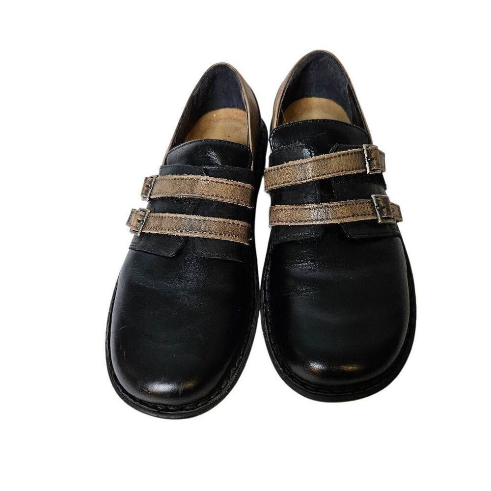 Naot Black Leather Double-Strap Loafers with Beige Straps